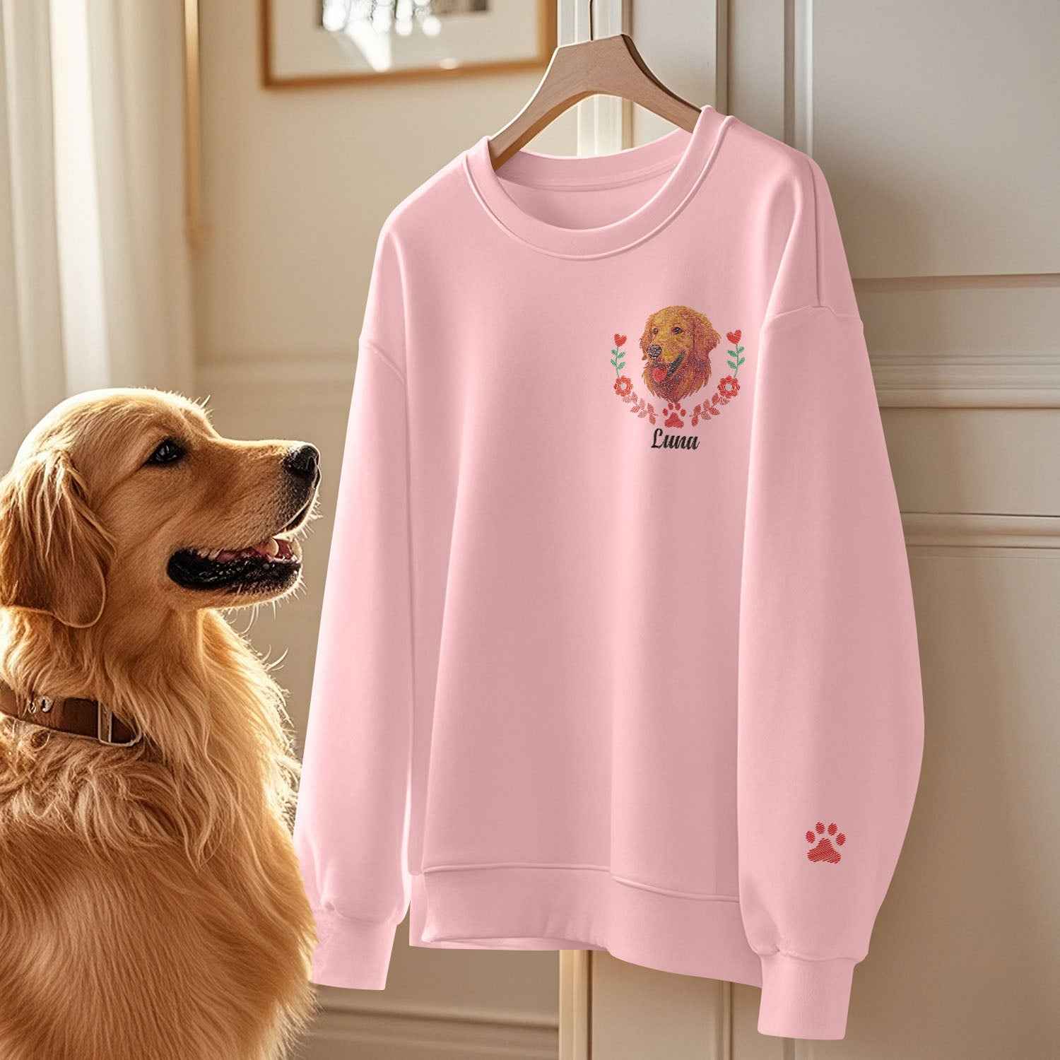 Custom Embroidered-Style Pet Sweatshirt – Personalized Pullover with Pet Name & Wreath