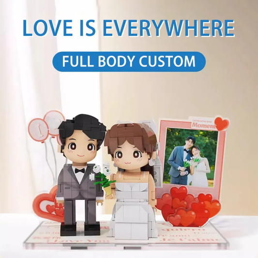 Full-body customised 2-person Duddu brick figures personalised from couple photos — handcrafted wedding or anniversary gift