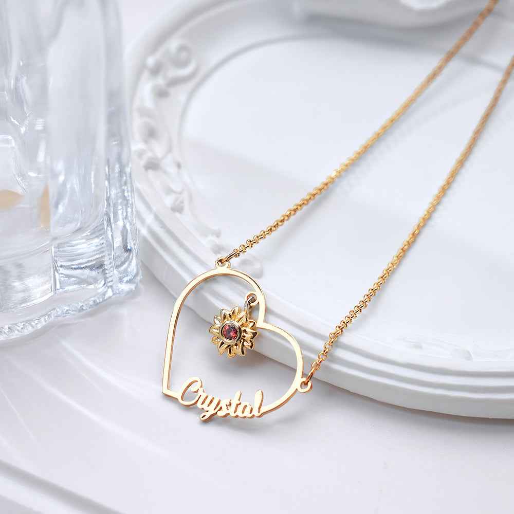 Personalized Heart-Shaped Sunflower Name Necklace with Birthstone Birthday Anniversary Gift for Her