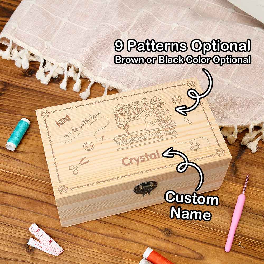 Personalized Sewing Machine Pattern Wooden Storage Box Gift for Seamstress Sewing Enthusiast