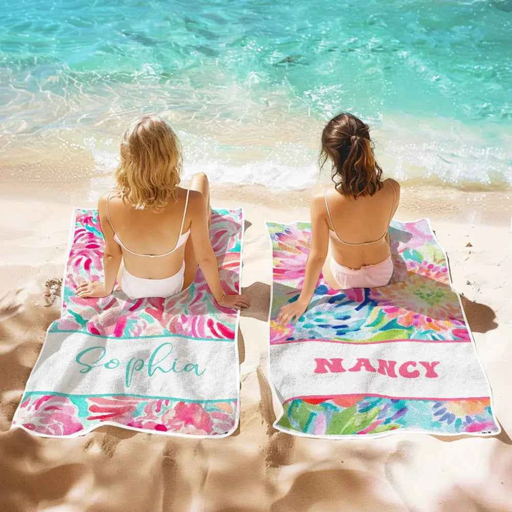 Personalized Watercolor Flower Beach Towel with Name Beach Accessories Gift for Her