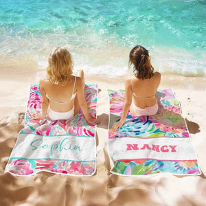 Personalized Watercolor Flower Beach Towel with Name Beach Accessories Gift for Her