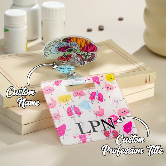 Personalised anatomical badge reel charm featuring acrylic heart, brain and lungs – retractable ID holder for nurses and doctors