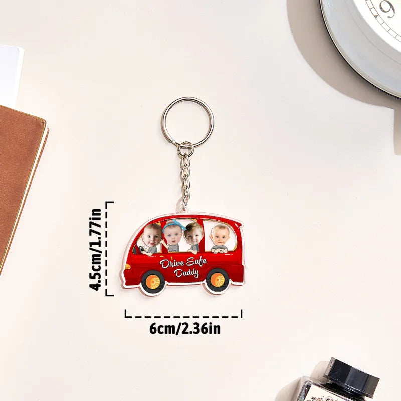 Packaged personalised keyring ready for dispatch with quality inspection tag — custom 'Drive Safe' gift for him