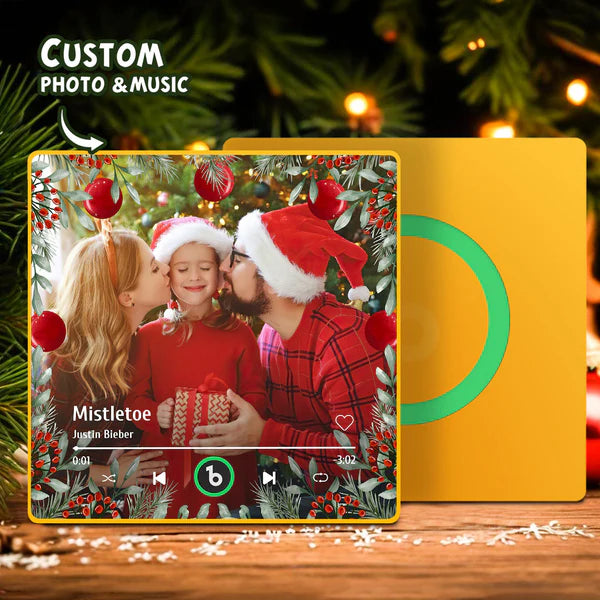 FridgeBeats framed personalised family photo music fridge magnet on a kitchen fridge — custom music gift, acrylic 10×10cm, rechargeable