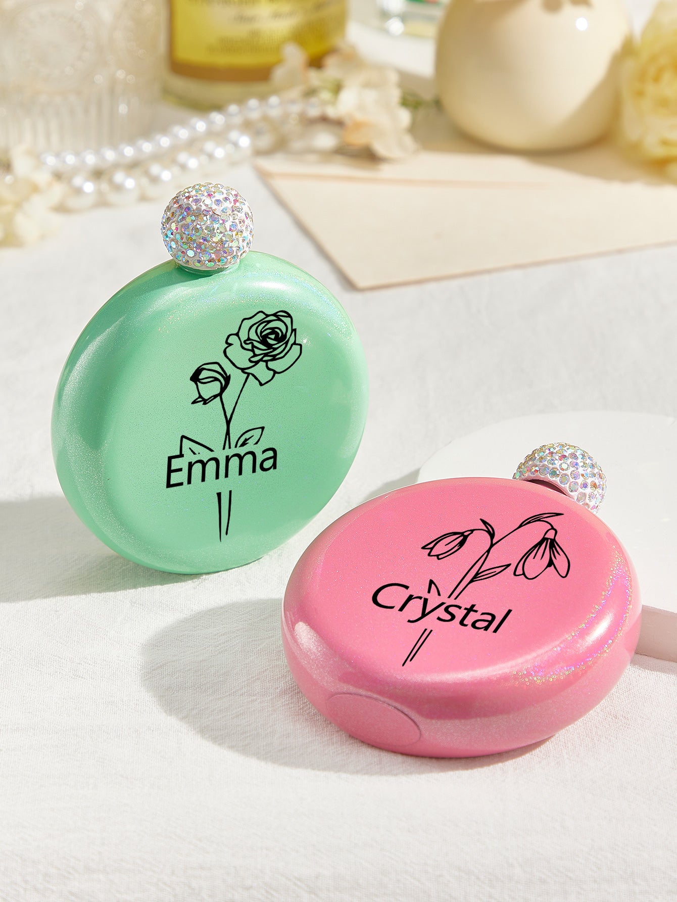 Personalised Birth Flower Name Glitter Flask - 5oz Engraved Gift for Her