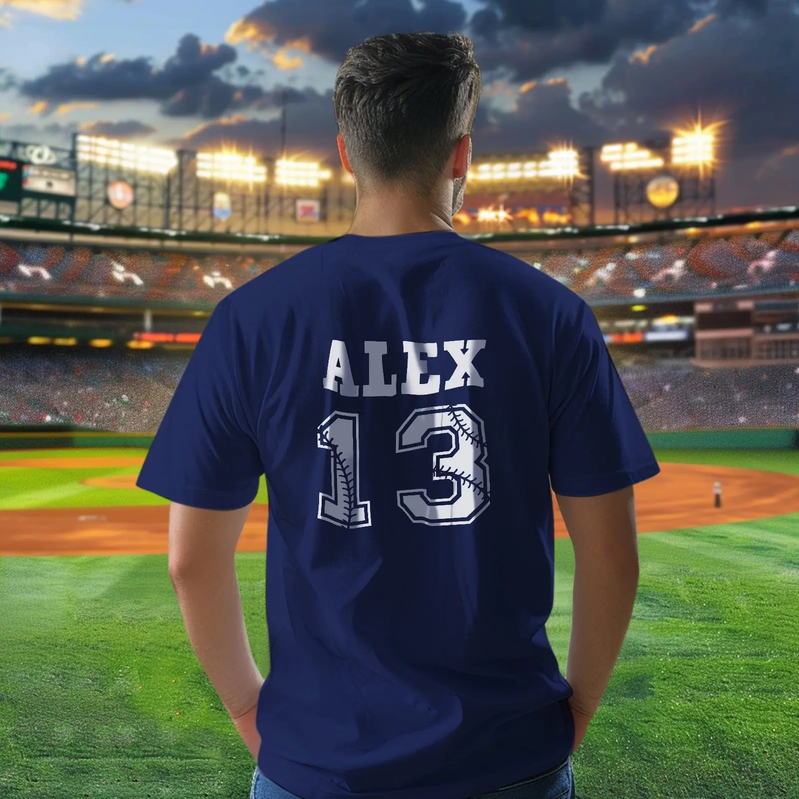 Back-to-school gift presentation of personalised baseball name and number T-shirt
