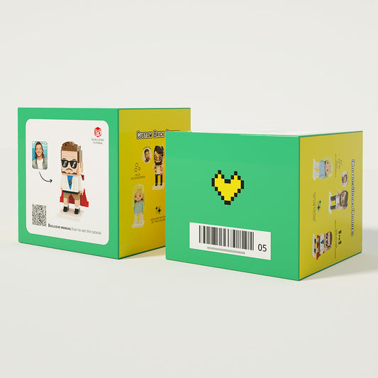 Personalised 3‑Person Brick Figures – three custom head mini figures on white background, personalised photo gift turning favourite faces into a fun display