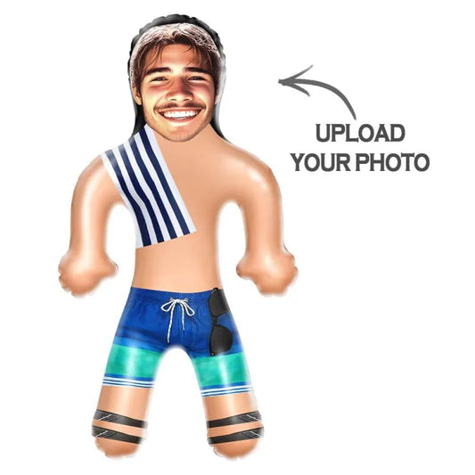 Personalised inflatable doll with a custom face print in PVC material, front view, ideal party gift for men