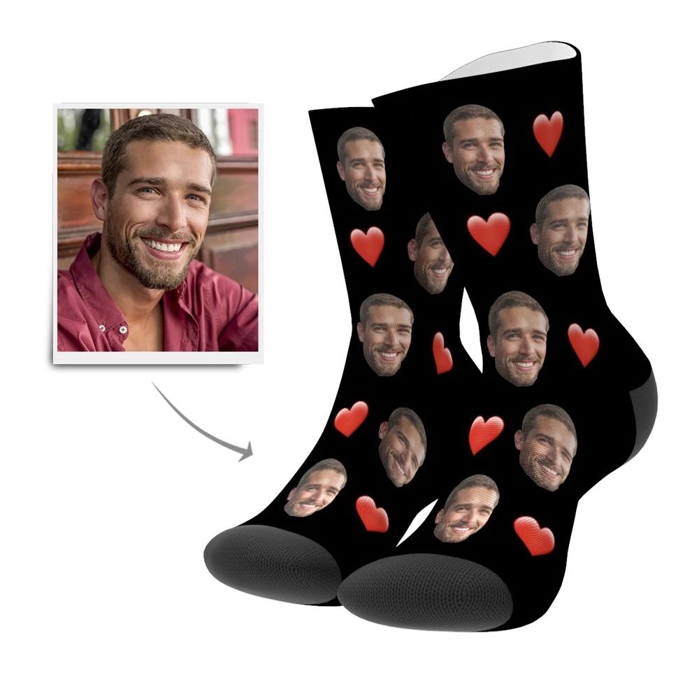Close-up of personalised photo sock showing vivid heat‑transfer print of a face and heart on a soft polyester blend