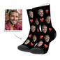 Close-up of personalised photo sock showing vivid heat‑transfer print of a face and heart on a soft polyester blend