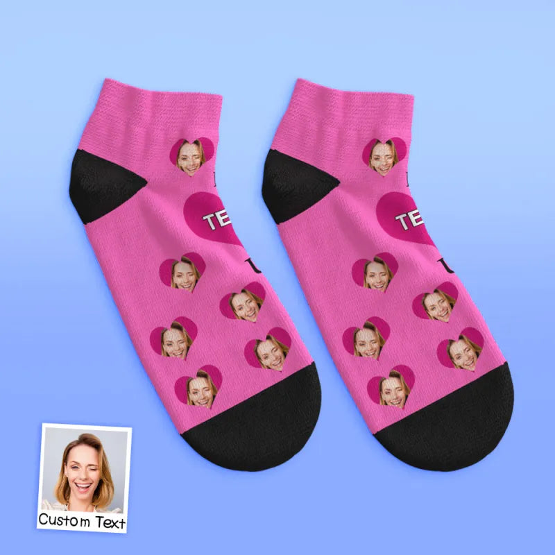 Detail of polyester fabric and print on custom low-cut ankle socks, breathable lightweight material for comfort