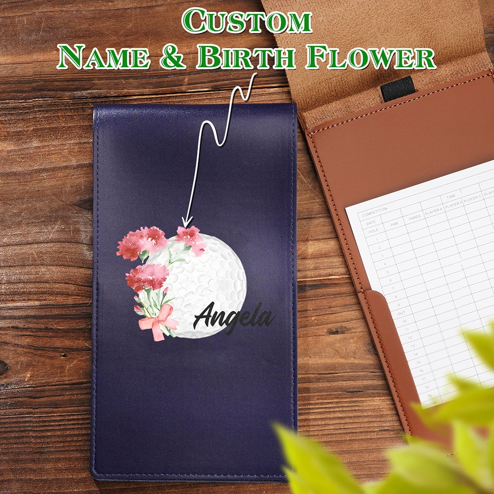 Open personalised PU leather golf scorecard holder showing scorecard sleeve and pencil loop — practical golf accessory