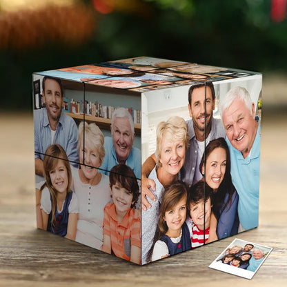 Personalised Photo Cube — custom Rubik's-style infinity folding cube featuring a high-resolution family photo, ideal Father's Day gift and personalised keepsake
