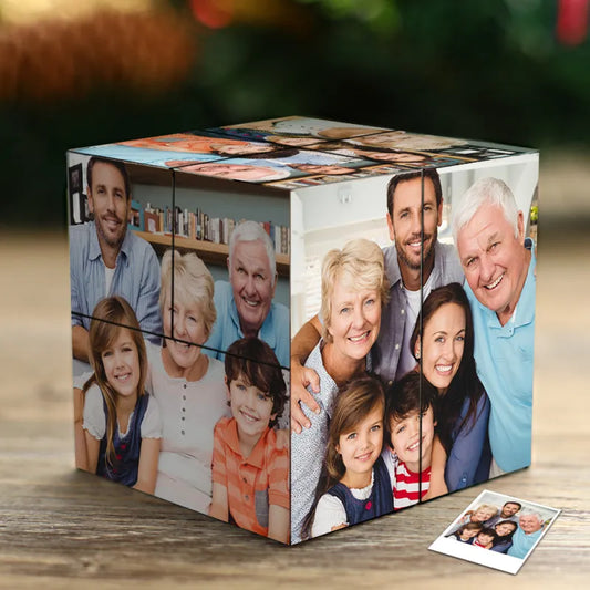 Personalised Photo Cube — custom Rubik's-style infinity folding cube featuring a high-resolution family photo, ideal Father's Day gift and personalised keepsake