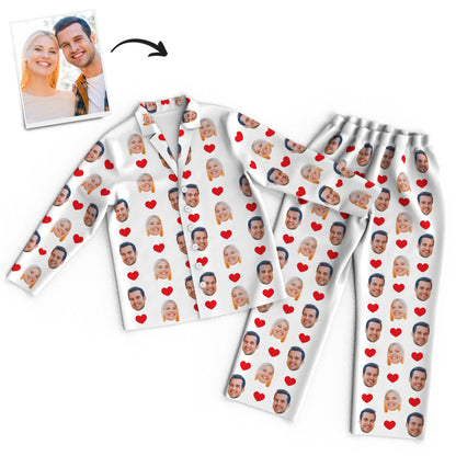 Personalised unisex long-sleeve pyjama set with all-over face print — made-to-order custom photo PJs with button-up top and matching elastic-waist trousers, ideal personalised gift