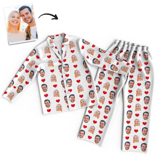Personalised unisex long-sleeve pyjama set with all-over face print — made-to-order custom photo PJs with button-up top and matching elastic-waist trousers, ideal personalised gift