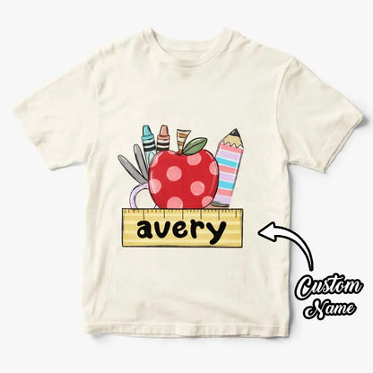 Rear view of personalised kids T-shirt showing neat stitching and quality polyester – perfect for the first day