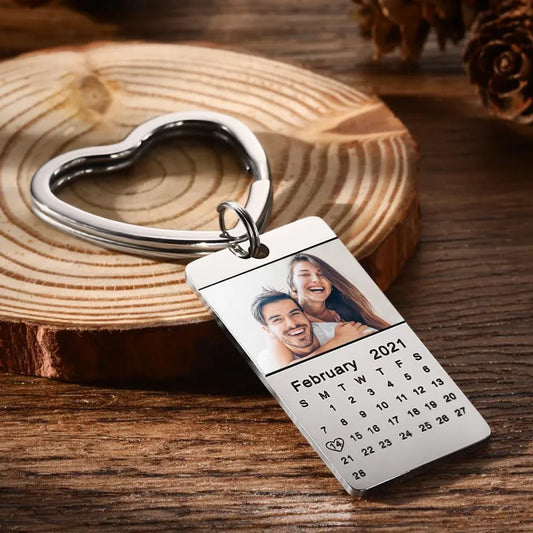 Gold-plated Personalised Photo Calendar Keyring — polished stainless-steel photo date keyring, thoughtful anniversary or birthday gift