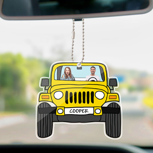 Personalised off-road car photo ornament, double-sided acrylic hanging keepsake with a customised 4x4 image and name, supplied with copper chain