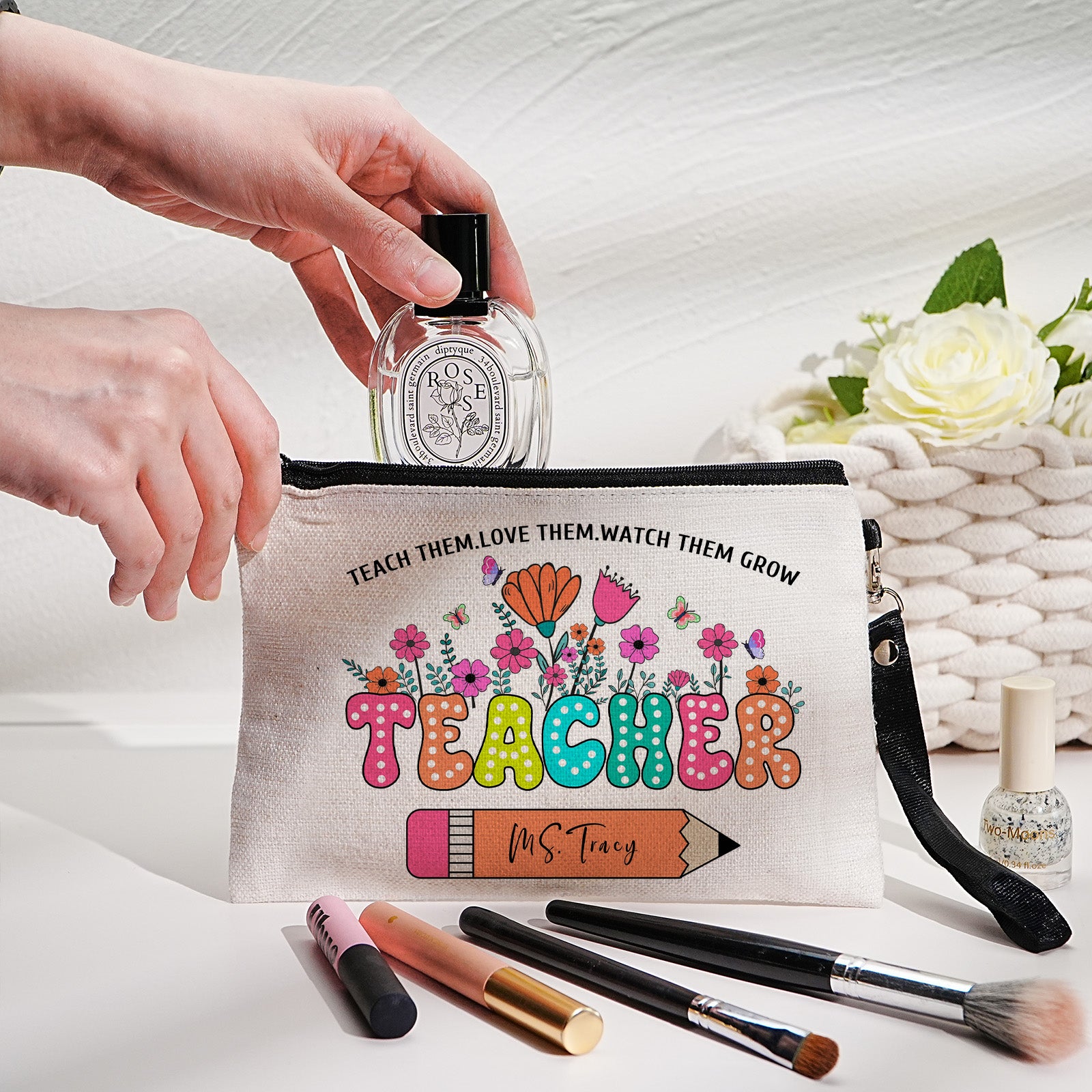 Personalised floral canvas pencil and make-up bag with name – ideal teacher back-to-school gift