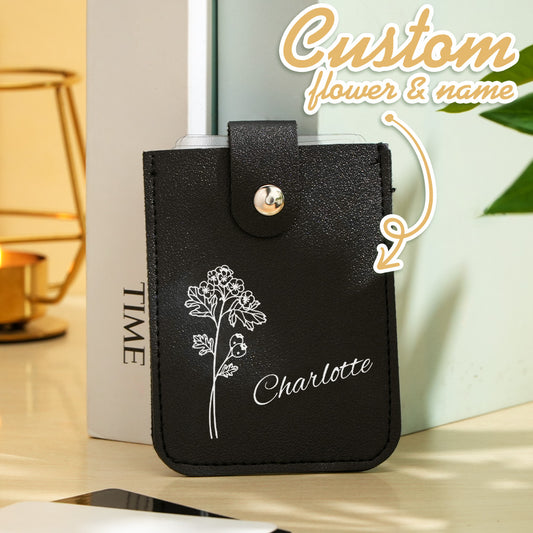 Personalised birth flower mini card wallet with name in PU leather, floral print and pull-out card holder — gift for her