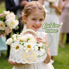 Personalised Handmade Rattan Flower Girl Basket with Name & Pearl Handle - Wedding Gift