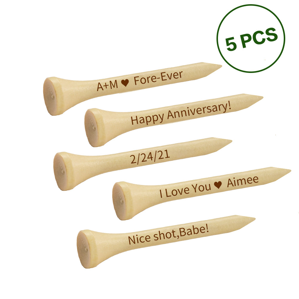 Two designs of personalised bamboo golf tees displayed side by side, pack options for 5 or 10 — ideal corporate branded giveaways