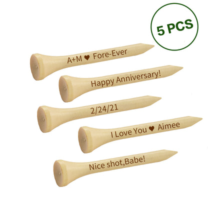 Two designs of personalised bamboo golf tees displayed side by side, pack options for 5 or 10 — ideal corporate branded giveaways