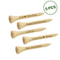 Two designs of personalised bamboo golf tees displayed side by side, pack options for 5 or 10 — ideal corporate branded giveaways