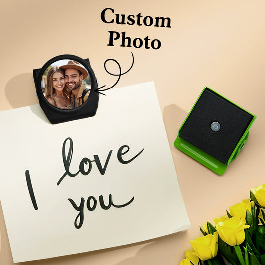 Colourful Personalised Photo Magnets (3cm x 3.5cm) – custom metal magnetic clips displaying a family photo on a fridge