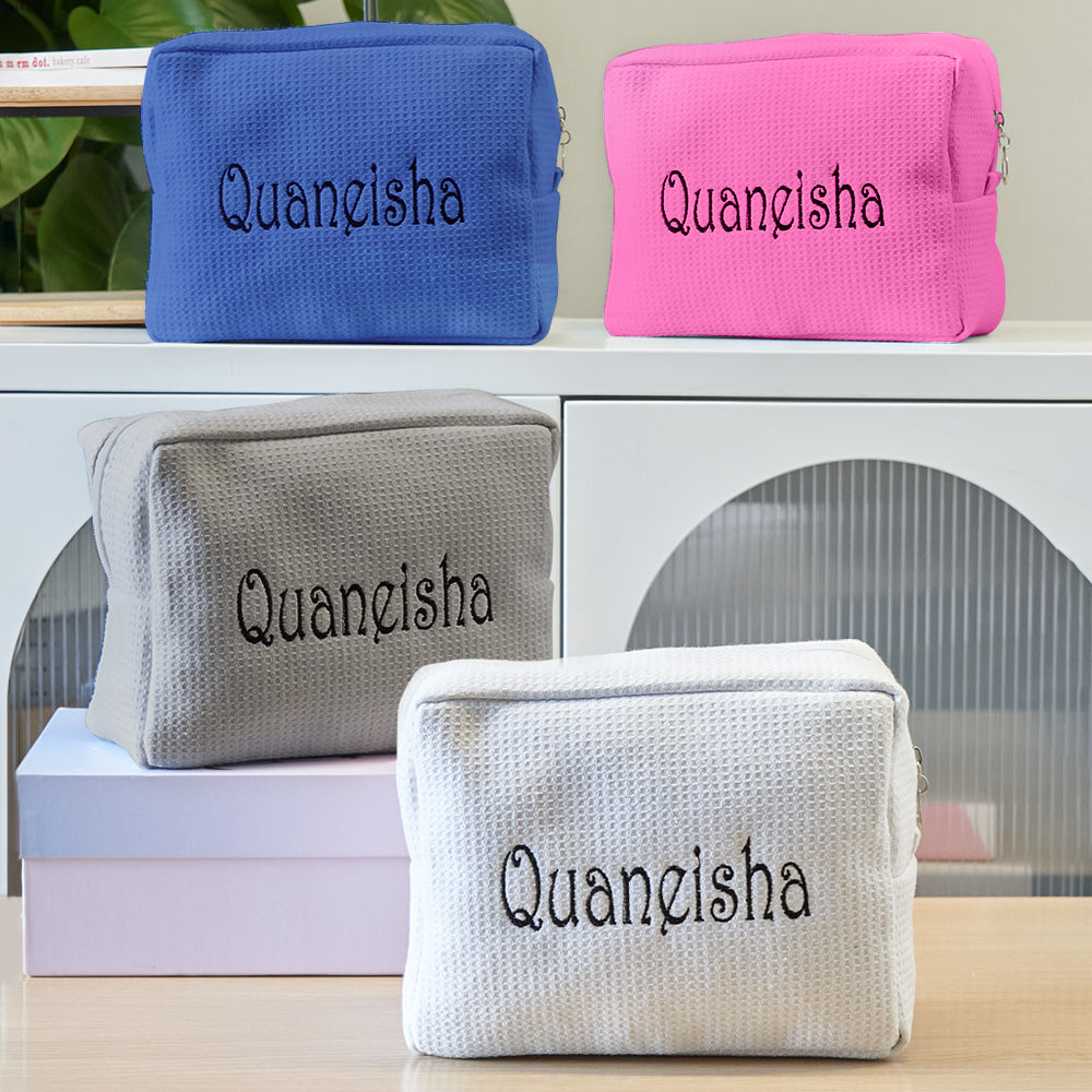 Waffle cosmetic organiser beside travel essentials, compact personalised make-up bag for busy mums and travellers