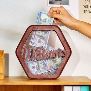 Custom Hexagonal Wood Piggy Bank with Name