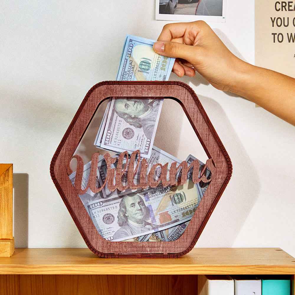 Custom Hexagonal Wood Piggy Bank with Name
