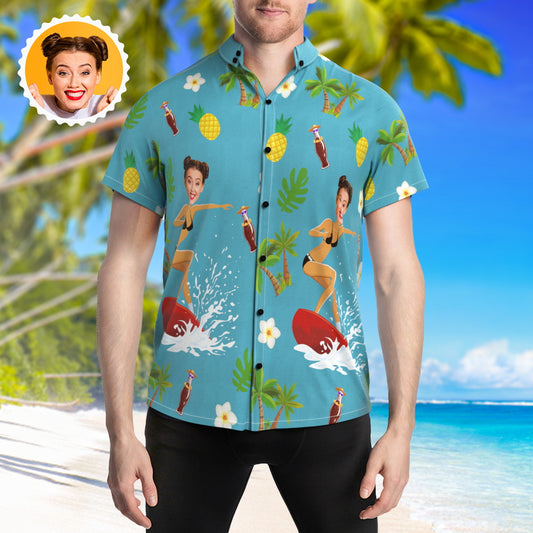 Custom photo Hawaiian shirt front view — personalised surfing beach shirt, short-sleeve button-front design with vivid heat-transfer print for summer holiday and parties