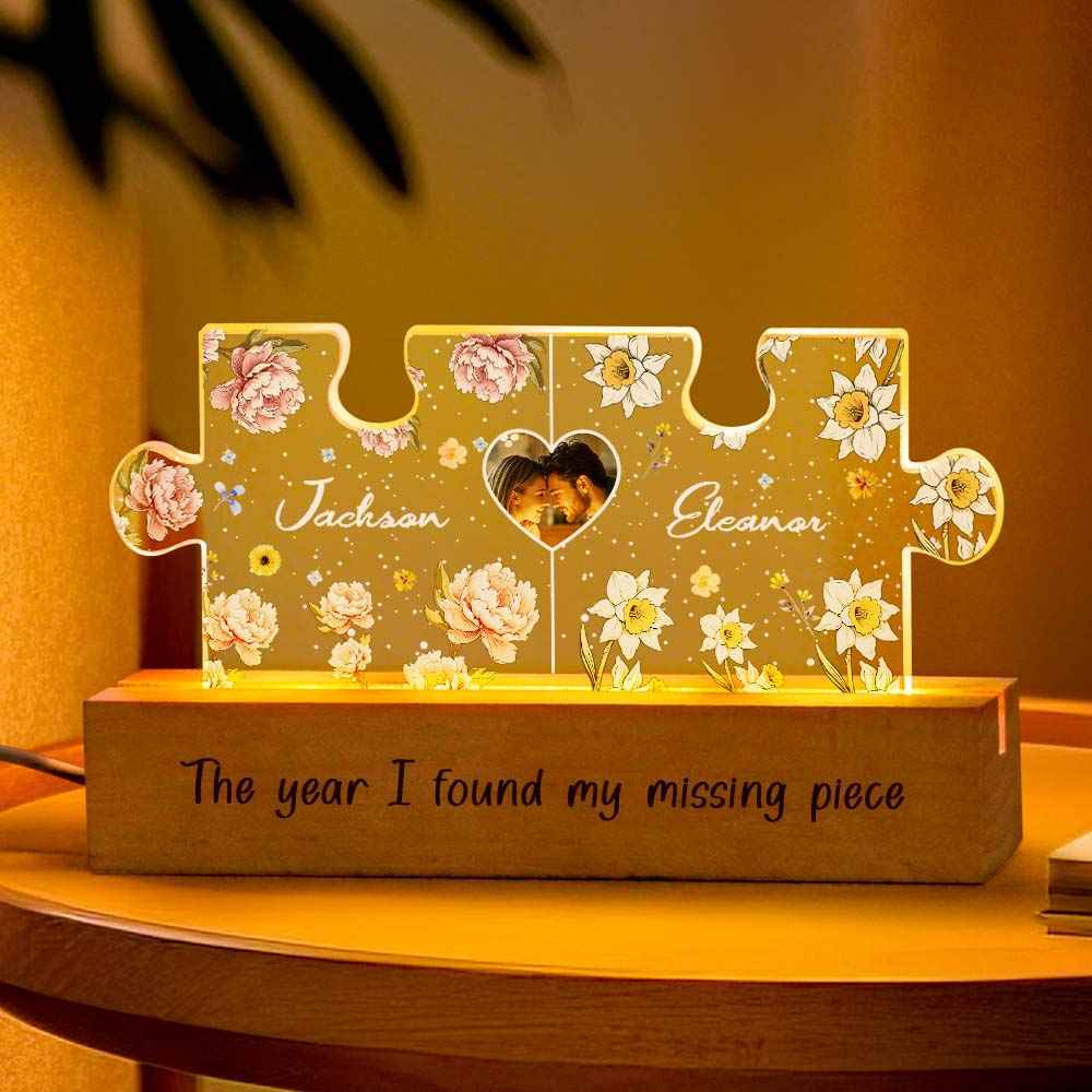 Personalized Couple Puzzle LED Night Light with Birth Flower Photo Night Light Gifts for Her
