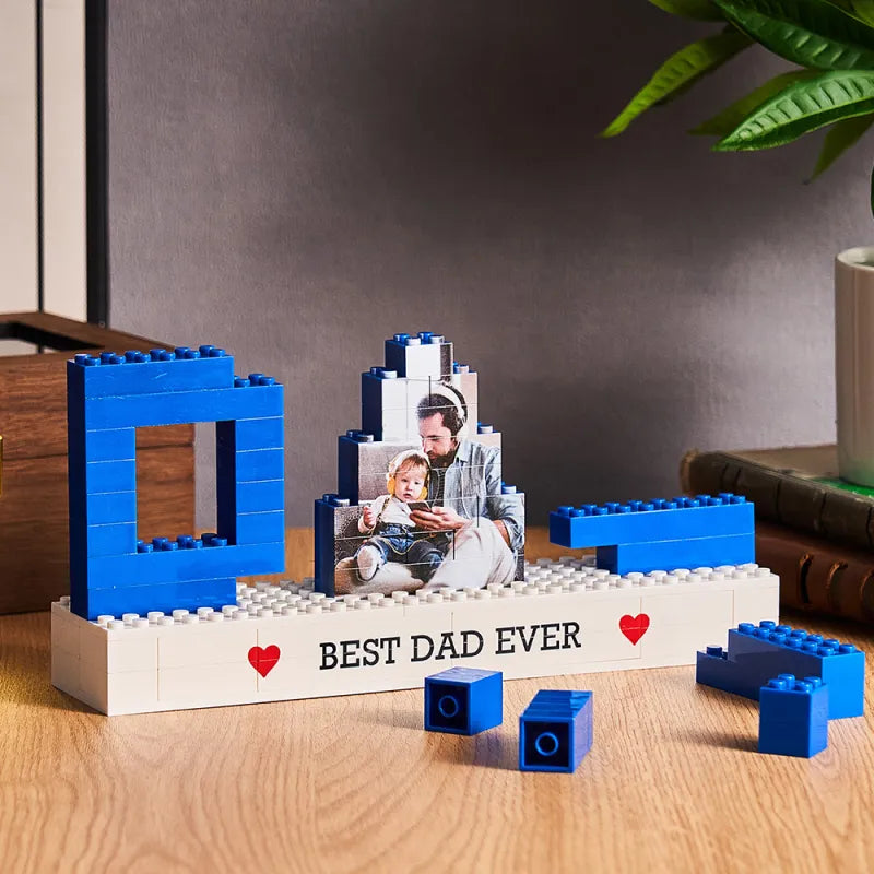 Assembled personalised photo brick block on a shelf – engraved-style keepsake and personalised photo gift for Dad