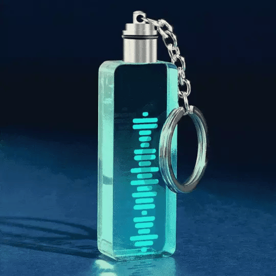 Anniversary personalised music code keychain — shiny acrylic rectangular keyring with scannable music code and custom song engraving, ideal anniversary gift