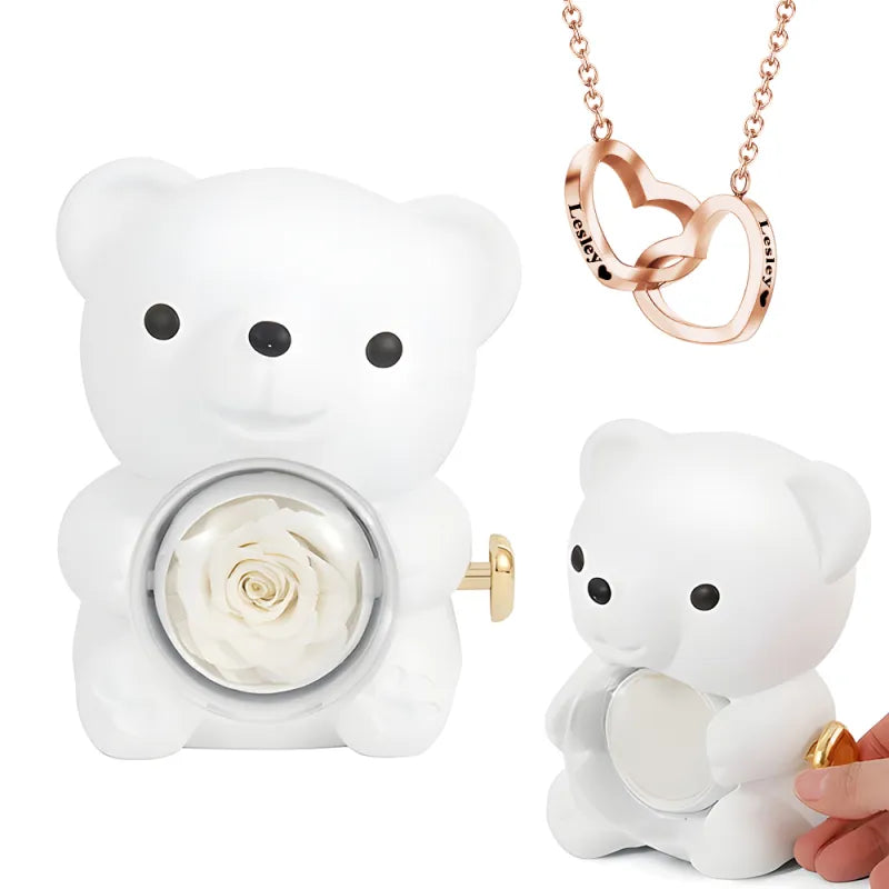 Open gift box revealing the personalised engraved necklace and rose bear keepsake — ready-to-gift presentation for special occasions