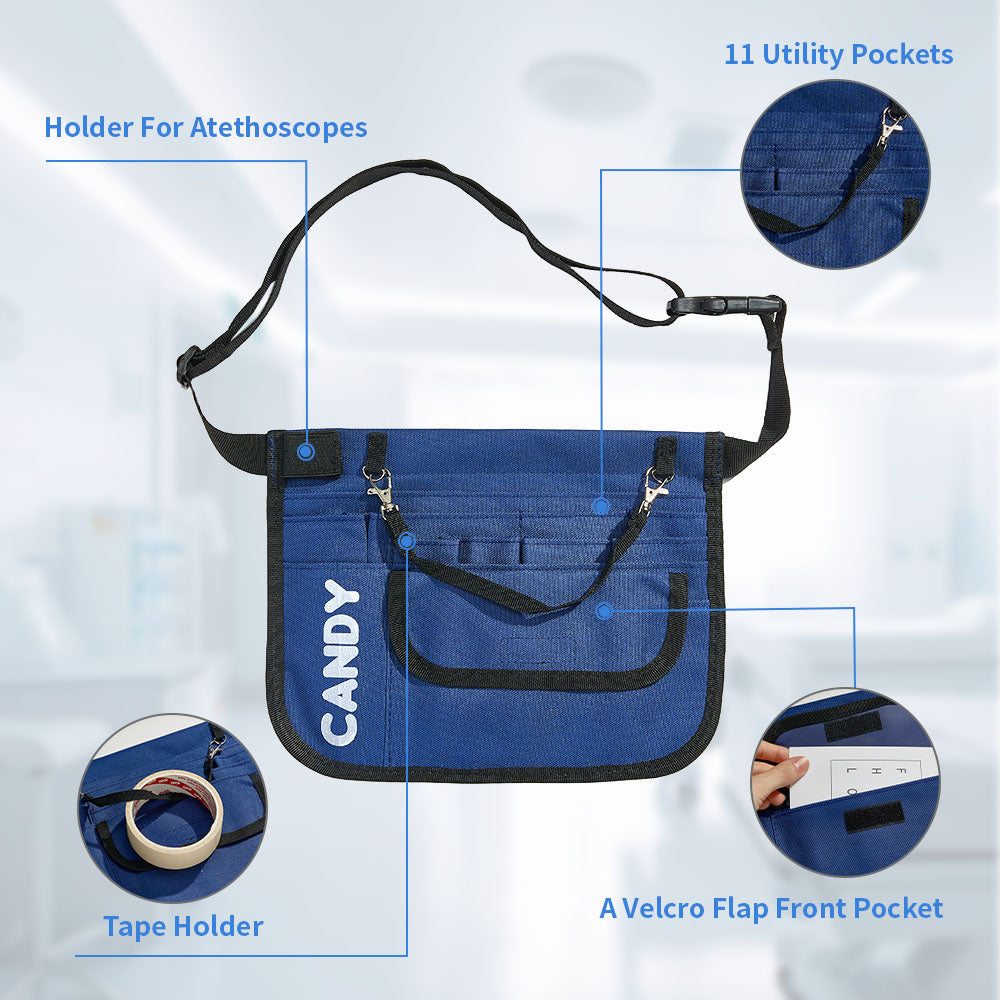 Nurse organiser bag packed with essentials — pens, scissors, stethoscope and bandages demonstrating practical medical waist bag use