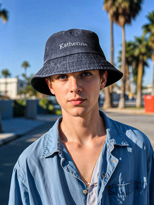 Personalised denim bucket hat front view with custom name embroidery — classic everyday accessory and unique gift for friends, teens and mothers