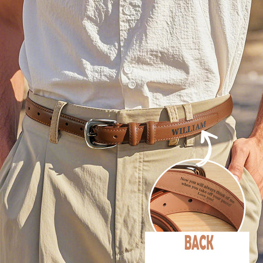 Personalised men's PU leather belt coiled with alloy buckle — engraved custom name gift for him, 42-inch