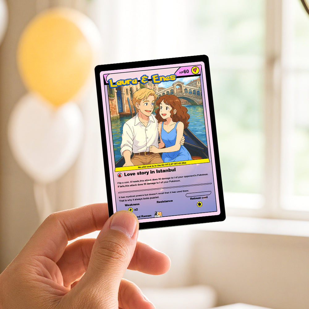 Close-up of a personalised Poke Card showing textured PVC and vivid print — custom couples trading card keepsake, ideal Valentine’s gift (7.6×10.6 cm)