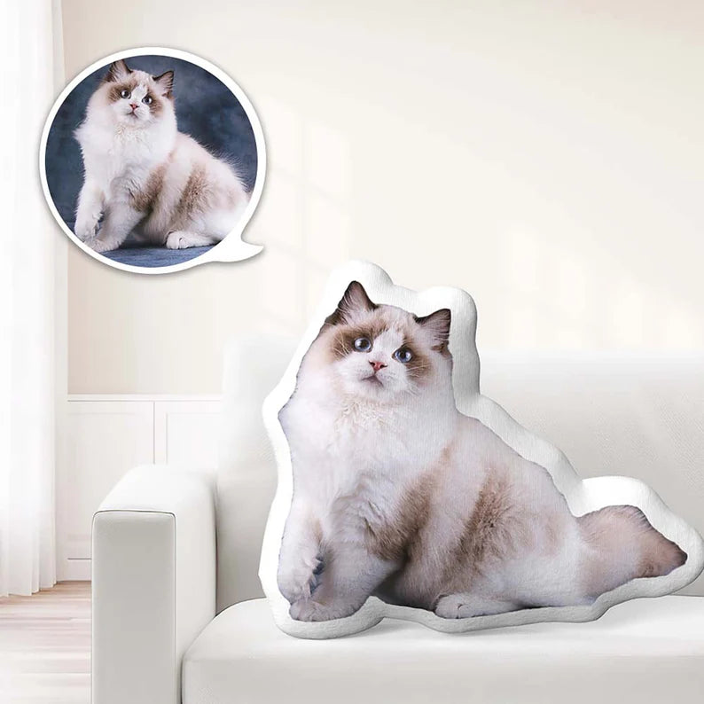 Custom pet pillow gift mock-up — personalised pet photo pillow used as memorial cushion and home accessory, polyester outer