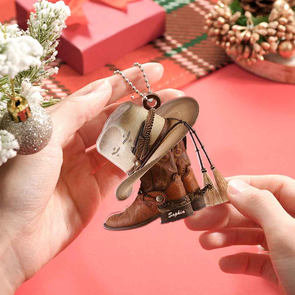 Personalized Cowboy Boots And Hat Car Ornament with Name Rearview Mirror Decoration Gift