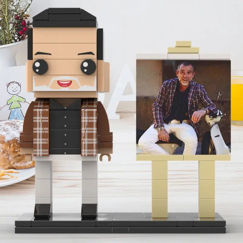 Rear and profile view of a framed custom brick figure showing full-body proportions — bespoke personalised keepsake