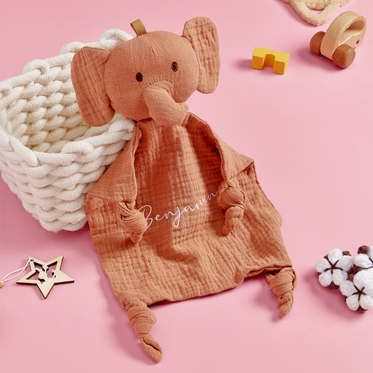 Personalised embroidered baby comfort towel in soft cotton featuring an animal face and name personalisation.