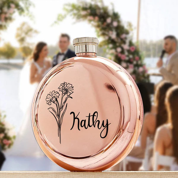 Personalised Name Flask with Birth Flower - Custom Bridesmaid Gift