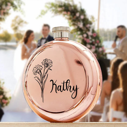 Personalised Name Flask with Birth Flower - Custom Bridesmaid Gift