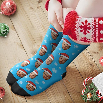 Personalised socks on model – unisex custom face Santa hat socks worn indoors and outdoors, great personalised gift for mum, dad or partner